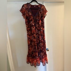 Old Navy Burgundy Floral Maxi Dress with Rust and Cream Accents